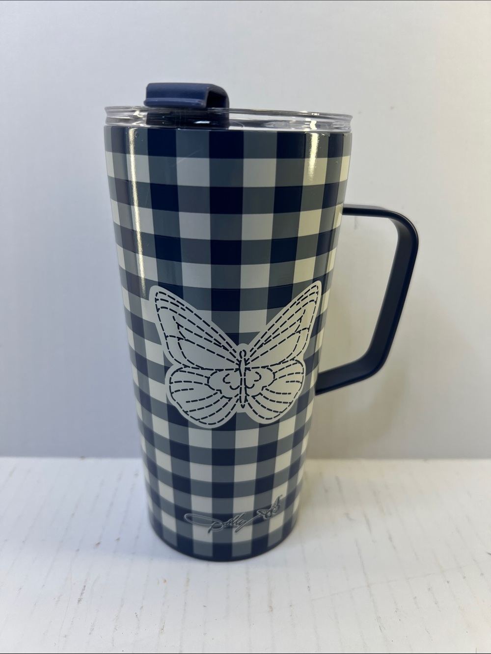Rare Dolly Parton Insulated Blue Check Butterfly 20 fl oz Tumbler with Handle